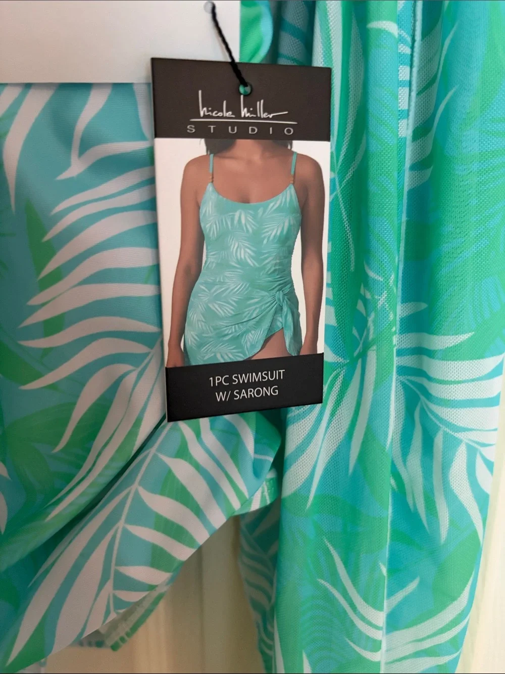 Nicole Miller Mint Green Tropical Leaf One-Piece Swimsuit with sarong size large